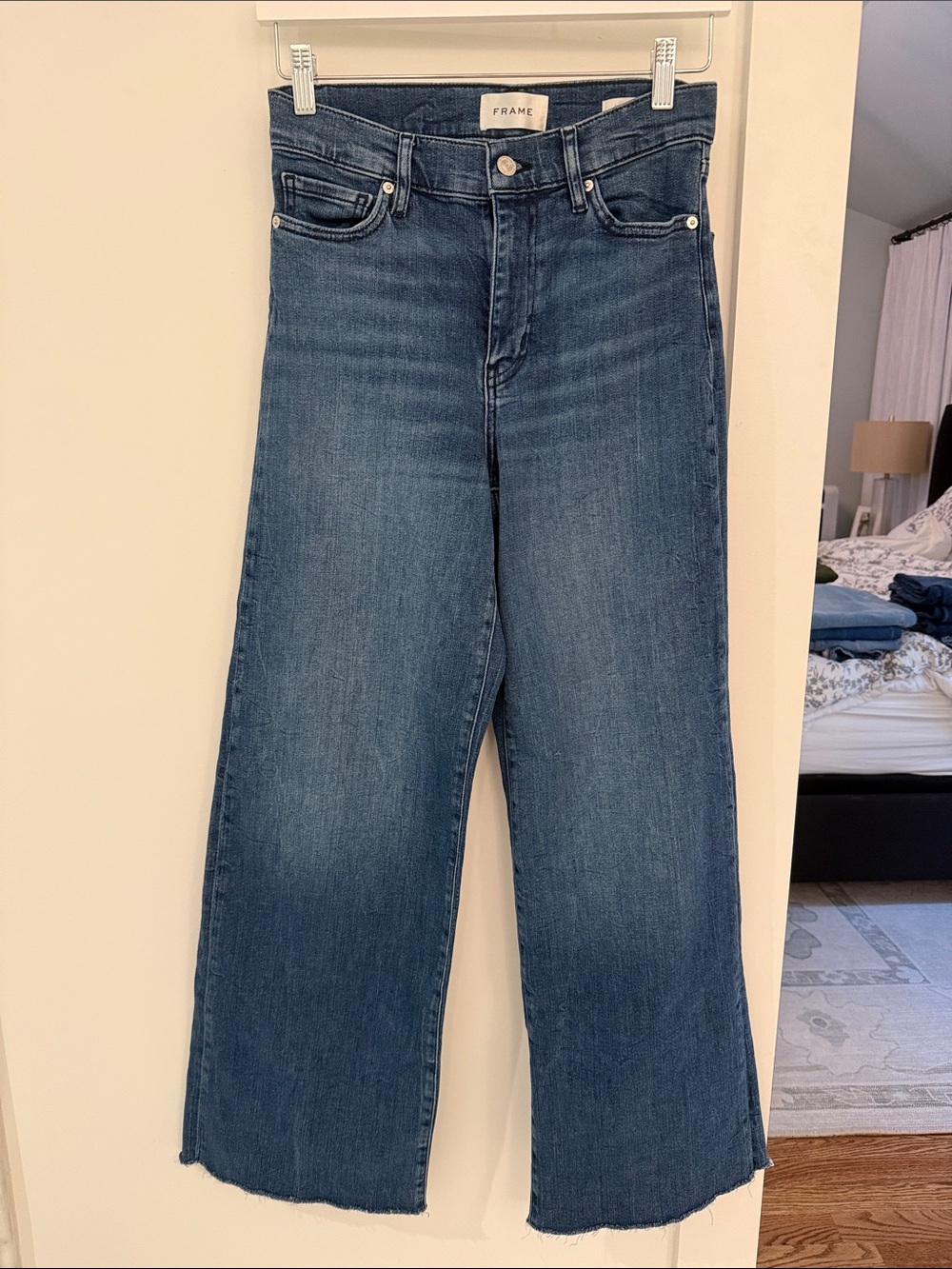 Frame Denim Wide Leg Palazzo Frayed Jeans in Dark Blue Size 27